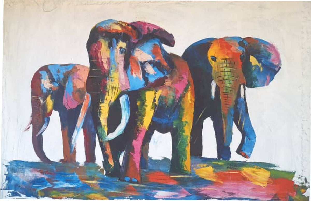 Handmade Original African Art - Wild Elephant Herd on Canvas, 70 × 100 cm Ready to Frame