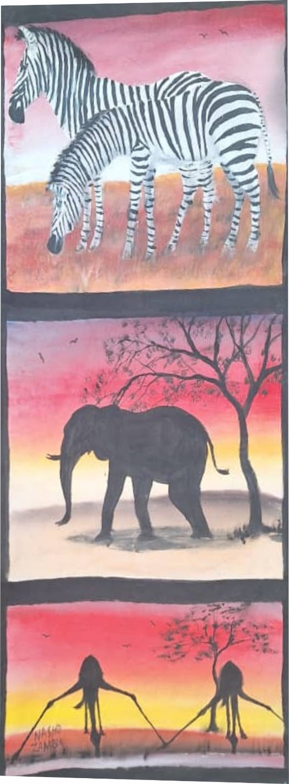 Handmade African Art of Wildlife – Original Water Painting on Cloth, 32 × 72 cm Ready to Frame