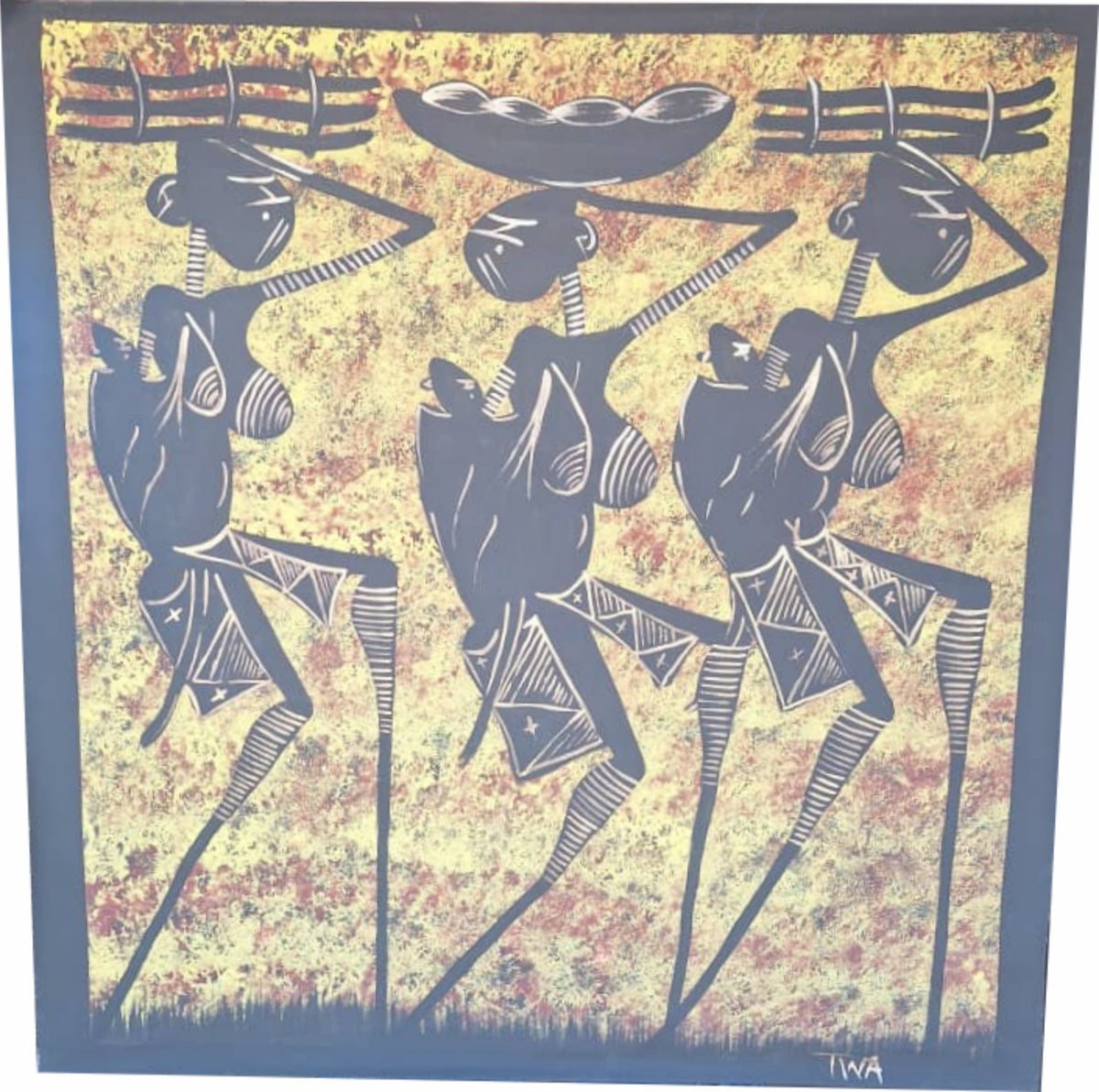 Original African oil painting of African women carrying firewood, 62 x 65 cm canvas

