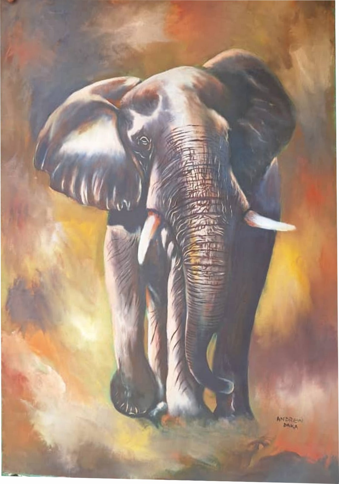 Handmade Original African Art of Charging Bull Elephant – on Canvas, 70 × 100 cm - Ready to Frame