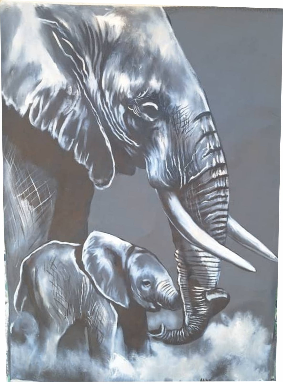 Handmade African Art | Mother Elephant with Baby | Original Oil Painting on Canvas 60 x 80 cm | Ready to Frame