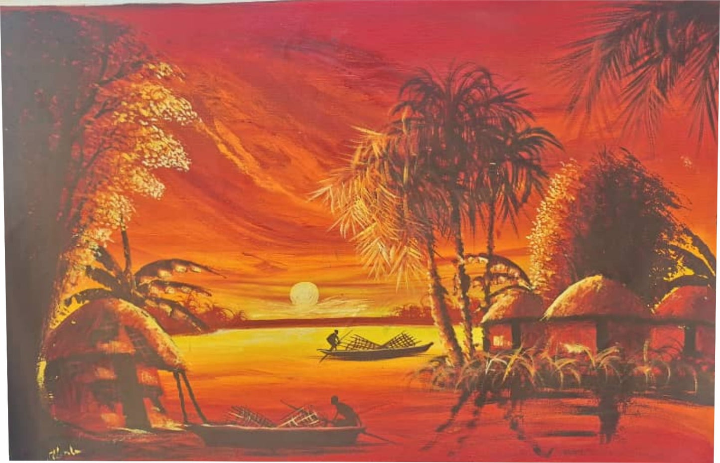 Handmade African Art | Beautiful Village Sunset | Original Oil Painting on Canvas 64 x 100 cm | Ready to Frame