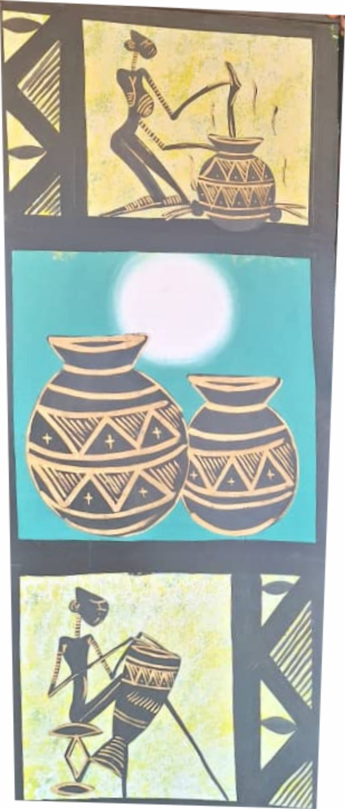 Handmade African Art of Village Evening – Water Painting, 32 × 55 cm Ready to Frame