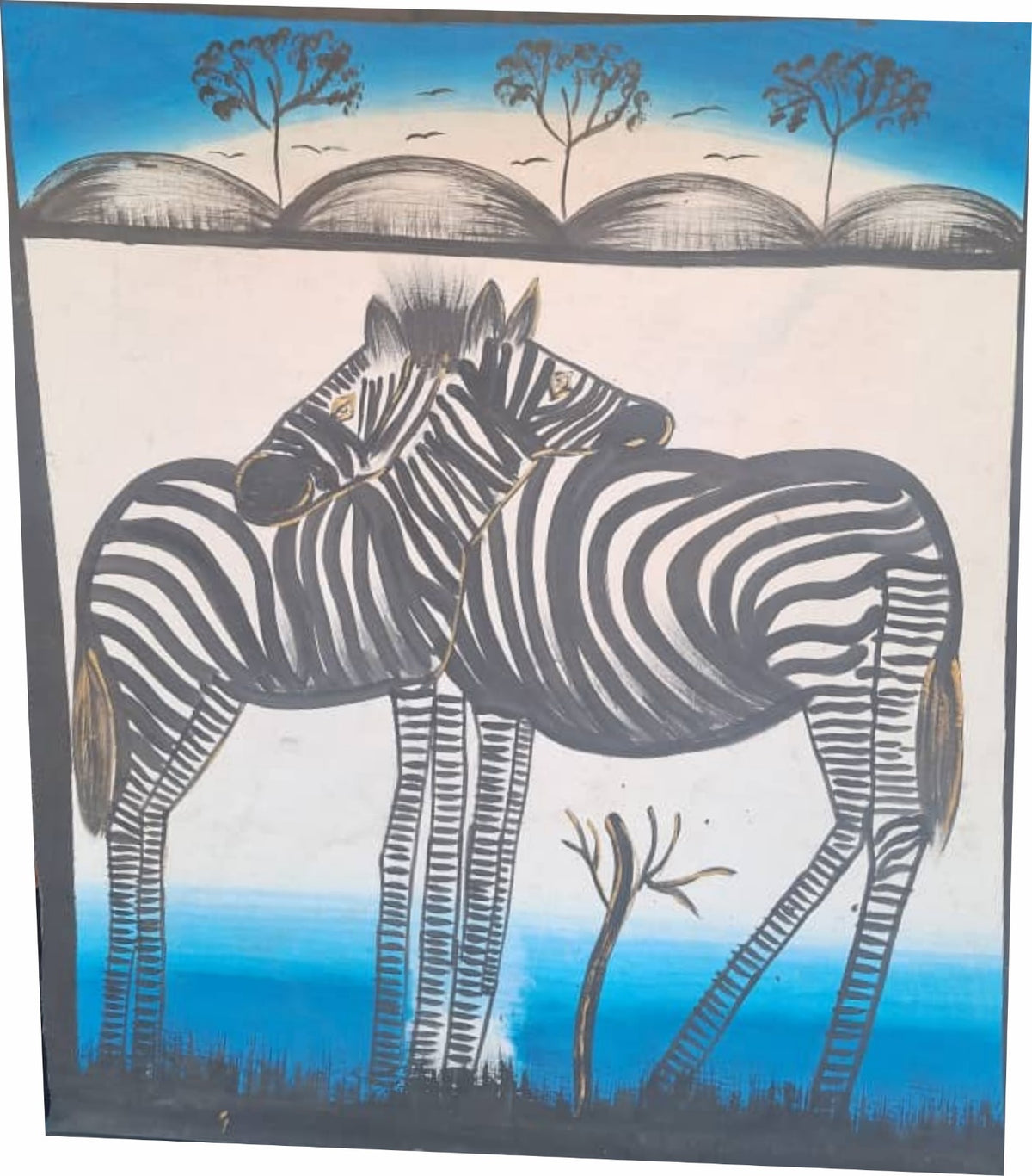 Original African oil painting of zebras with bold stripes, 65 x 90 cm canvas