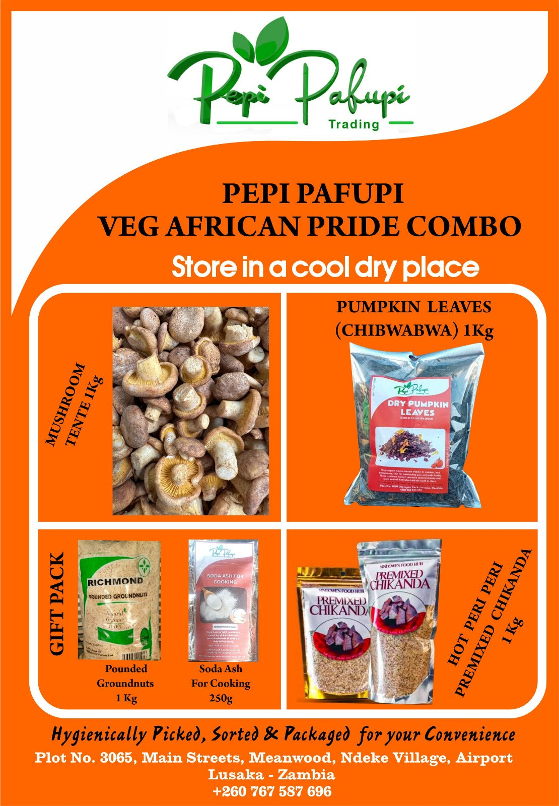 Veggie African Pride Combo | 1kg Dry Mushroom (Tente) + 1kg Pumpkin Leaves+ 1kg Hot Chili Polony + FREE 1kg Groundnuts + 250g Soda