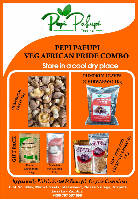 Veggie African Pride Combo | 1kg Dry Mushroom (Tente) + 1kg Pumpkin Leaves+ 1kg Hot Chili Polony + FREE 1kg Groundnuts + 250g Soda